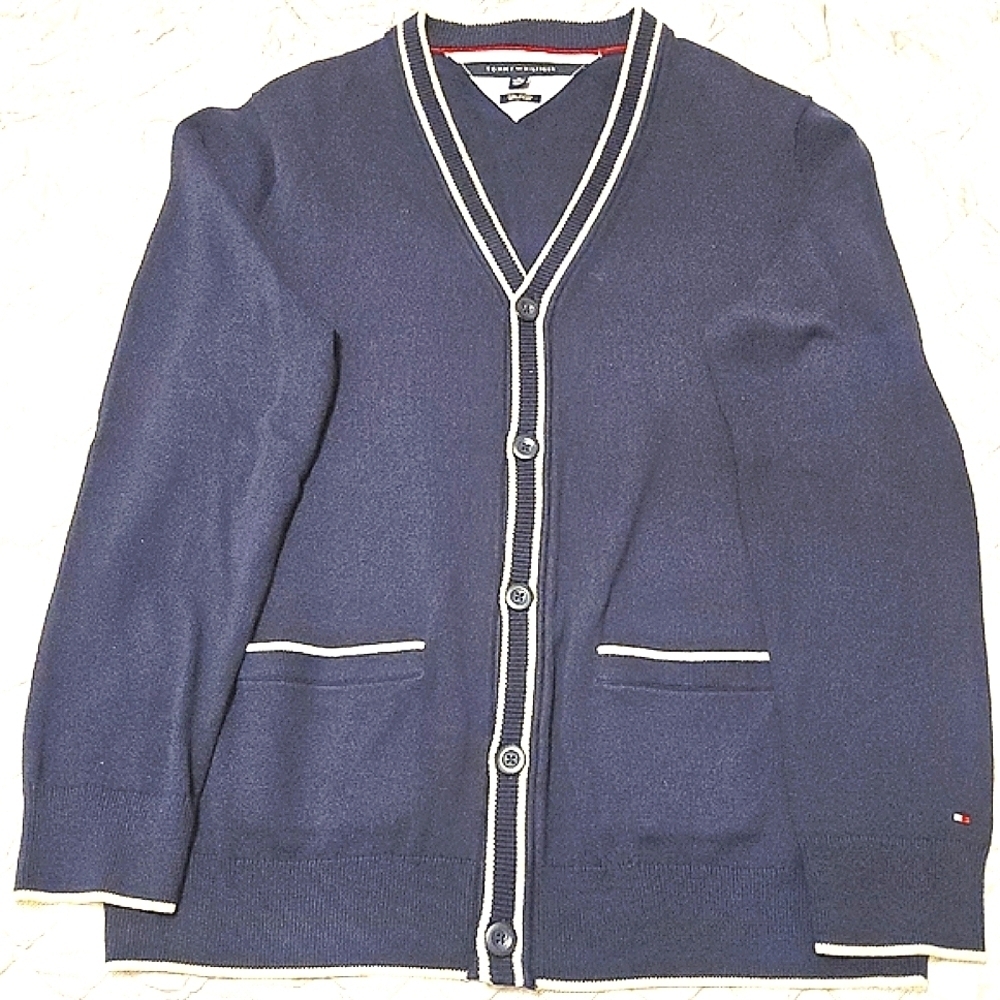 Tommy Hilfiger Blue V-Neck Sweater with Contrasting Trim
